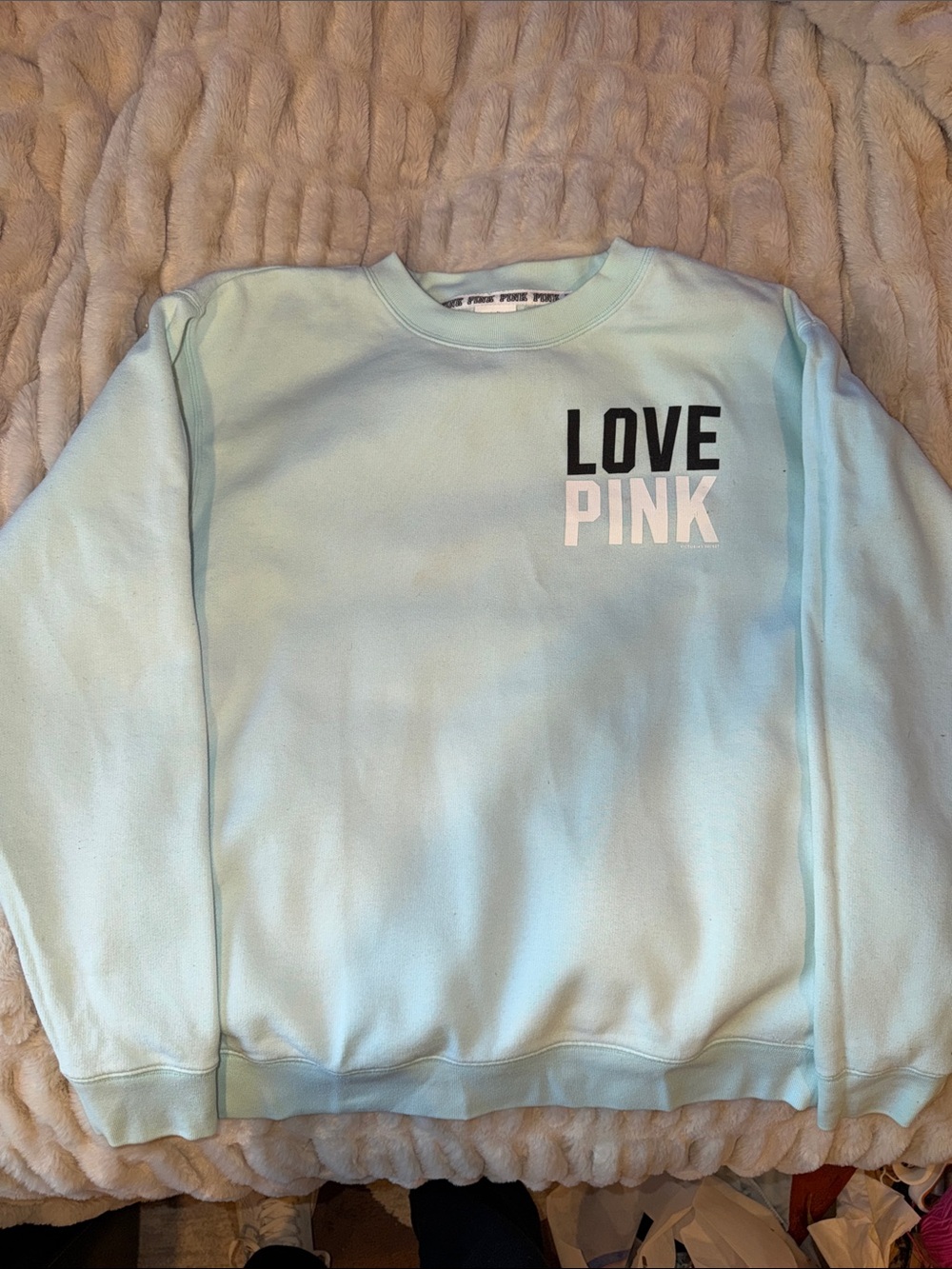 LOVE PINK Light Blue Crewneck Sweatshirt fee stains see photos